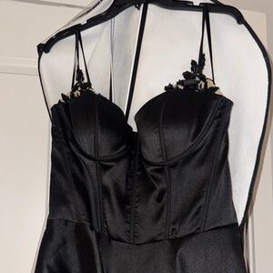 La Femme Black Satin Bustier Maxi Dress with Lace Trim